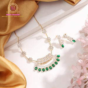 American Diamond Necklace Set – Green Stones | Adjustable Chain Design