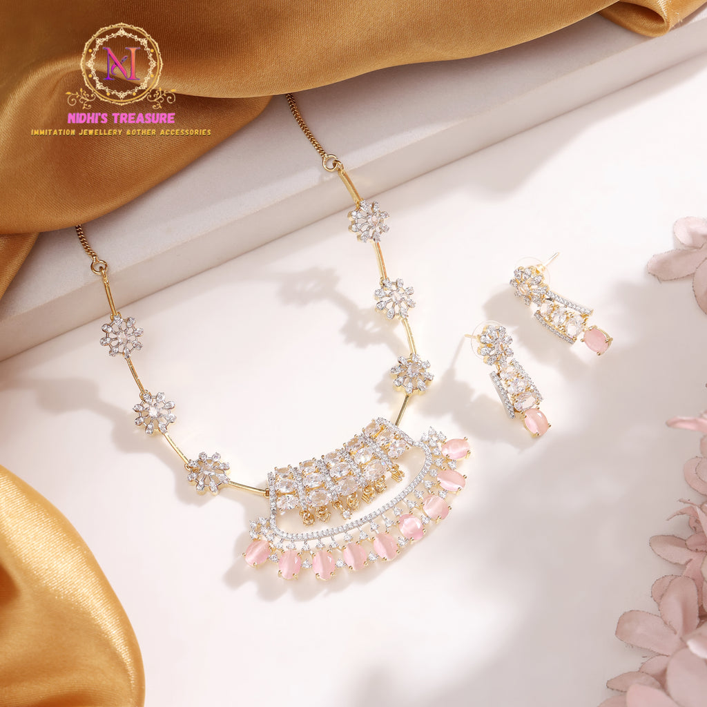 American Diamond Necklace Set – Pink Stones | Adjustable Elegant Design