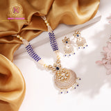 Blue Stone Kundan Pendant Set with Beaded Mala | AD & Pearl Detailing