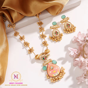 Kashmiri Mala Pendant Set – Mint Pink Bird Design with Ghunghroo | Ethnic Jewelry