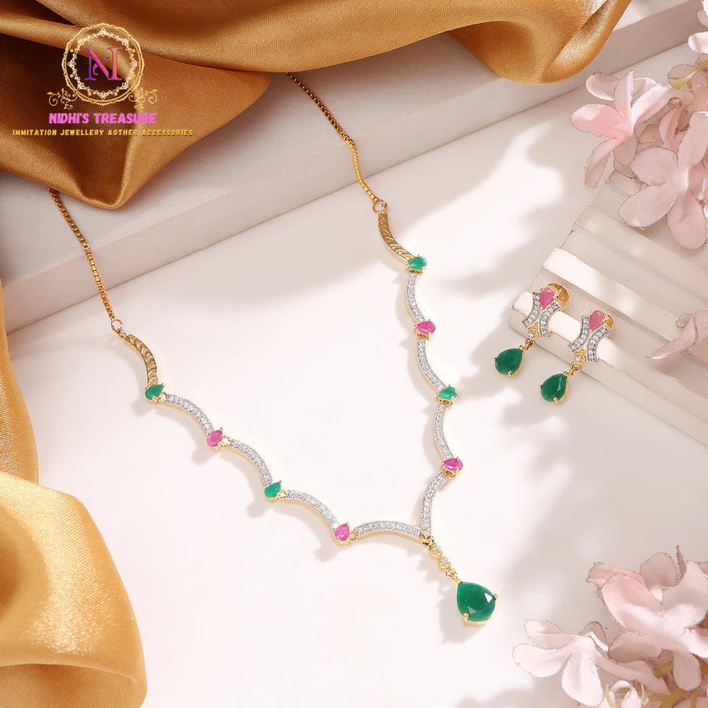 American Diamond Sleek Necklace Set – Green & Pink Stones | Adjustable Chain