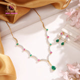American Diamond Sleek Necklace Set – Green & Pink Stones | Adjustable Chain