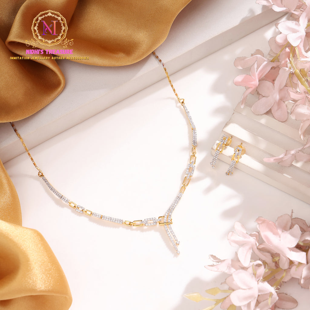 American Diamond Sleek Necklace Set | Golden Finish Minimal Design