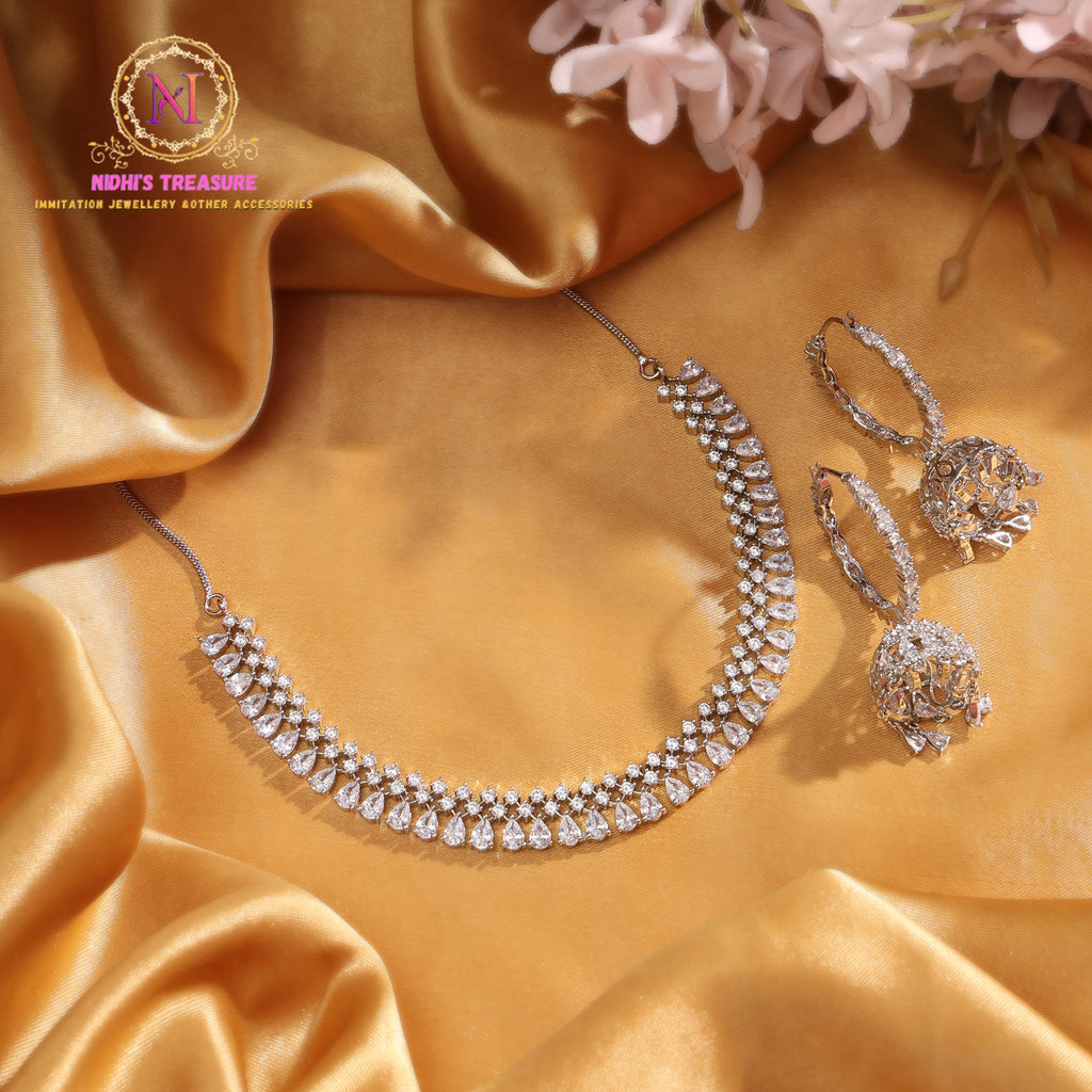 American Diamond Necklace Set – Silver Finish with Bali Jhumki Earrings