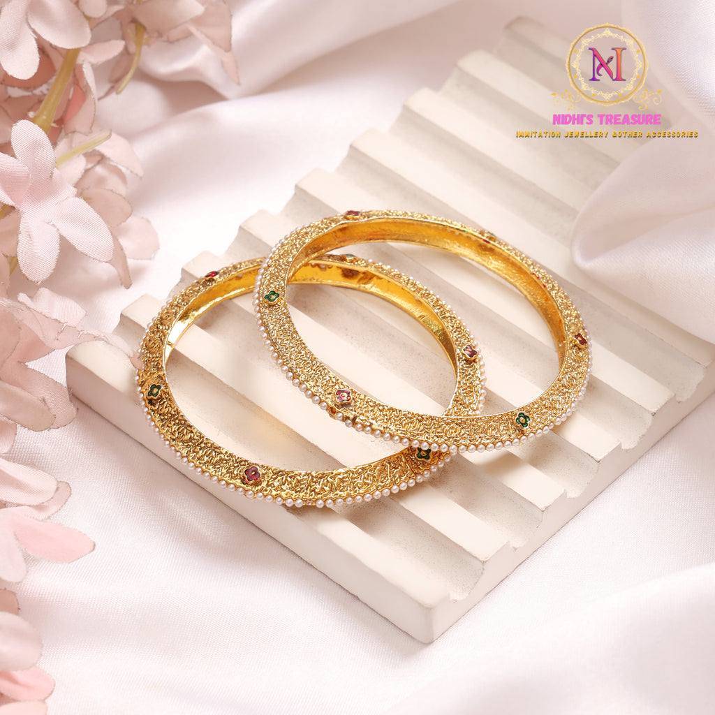 Antique Bangles with Pearl Detailing | Gold Touch Openable Kada