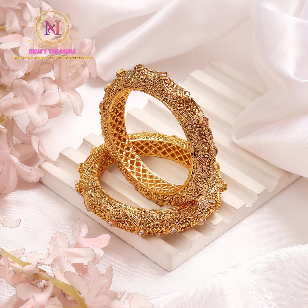 Antique Bangles with Stone Work | Golden Brass Openable Kada