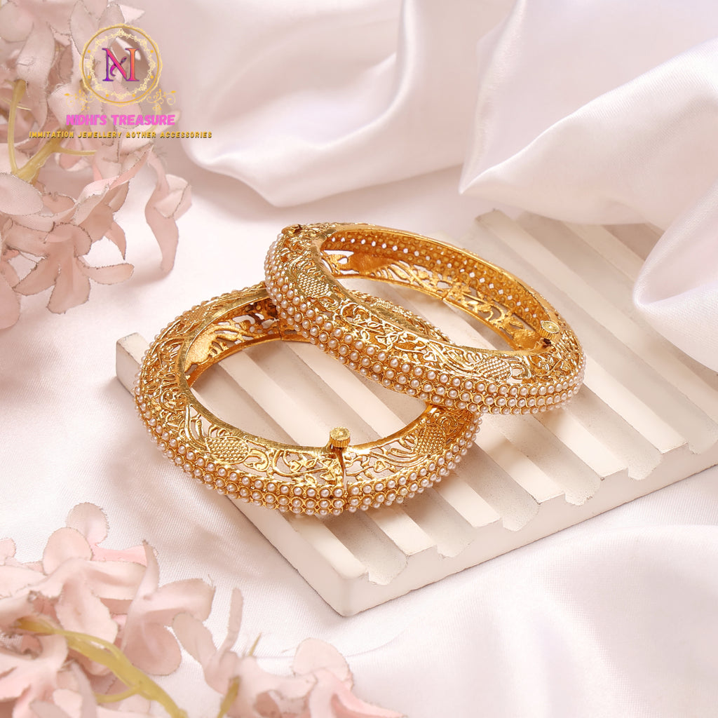 Antique Peacock Bangles with Pearl Work | Golden Openable Kada