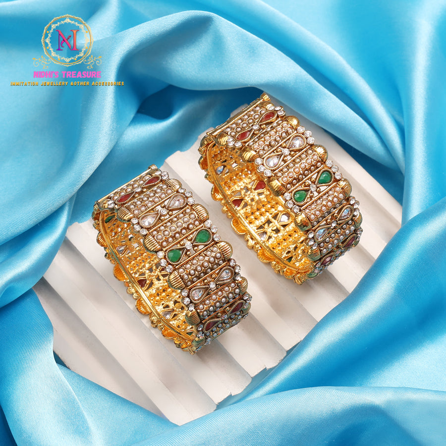 Antique Broad Kade with Pearl & Stone Work | Openable Golden Kada