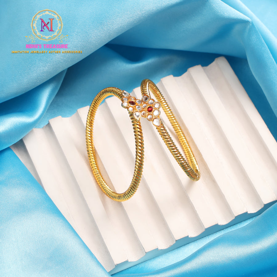 Antique Floral Kade with Red & White Stones | Openable Golden Kada