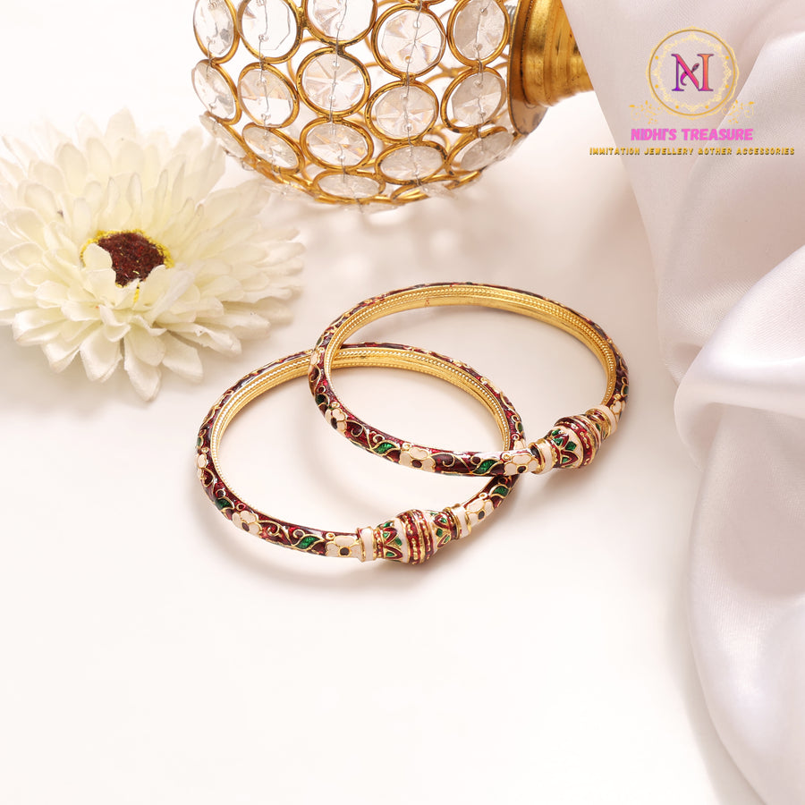 Meenakari Floral Kade Pair – Red Base | Golden Traditional Bangles