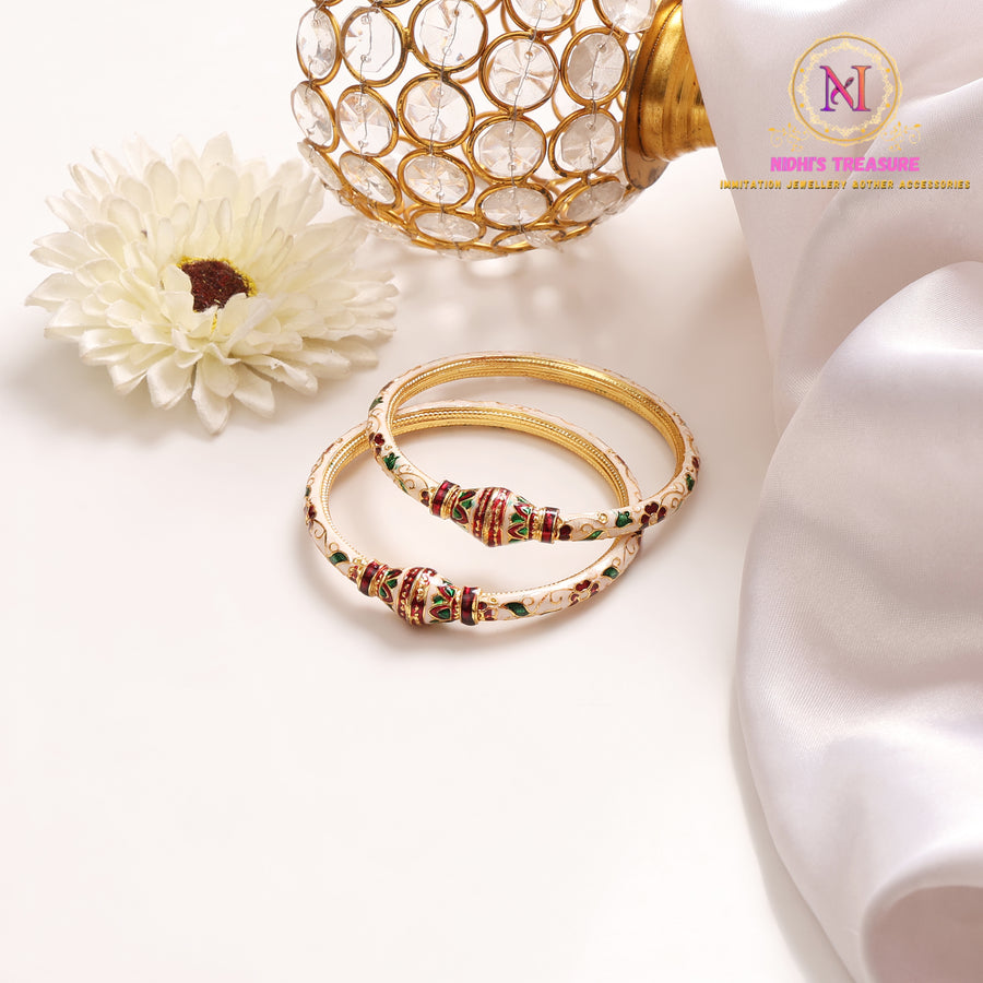 Meenakari Floral Kade – White Base | Maroon & Green Design Bangles