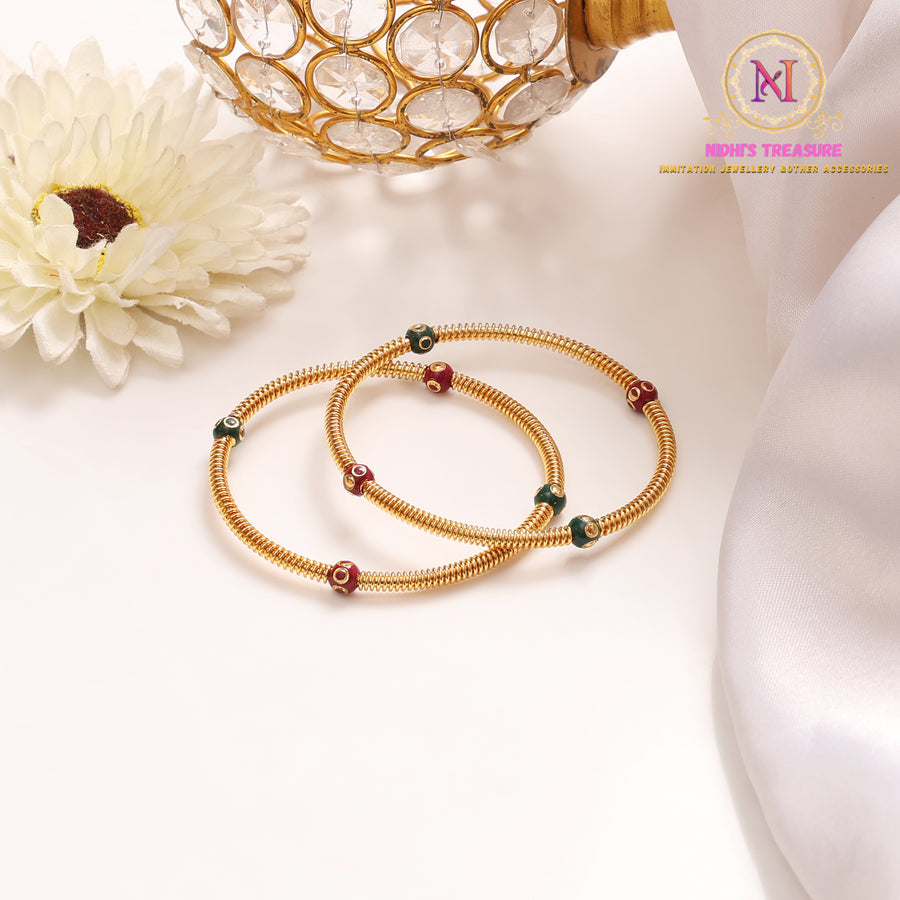 Antique Bangles with Center Stone & Pearl Work | Golden Finish