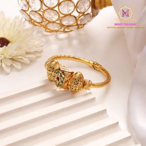 Antique Floral Kada | Openable Golden Bracelet with Red & White Stones
