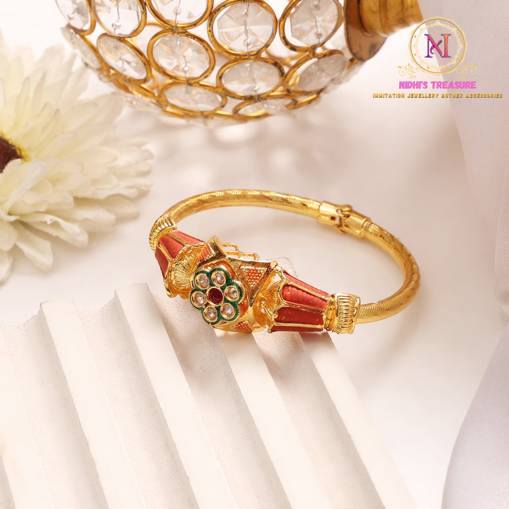 Antique Floral Kada – Orange Stone | Openable Golden Bracelet