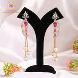Ruby American Diamond Long Earrings | Dual Tone Pearl Drop Danglers