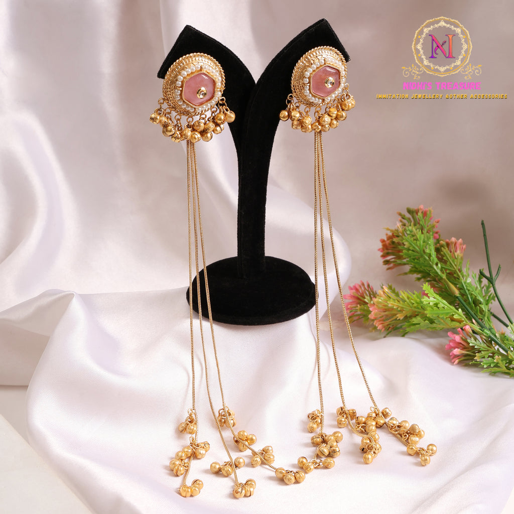 Kashmiri Bird Long Earrings – Baby Pink | Chain Ghunghroo Danglers