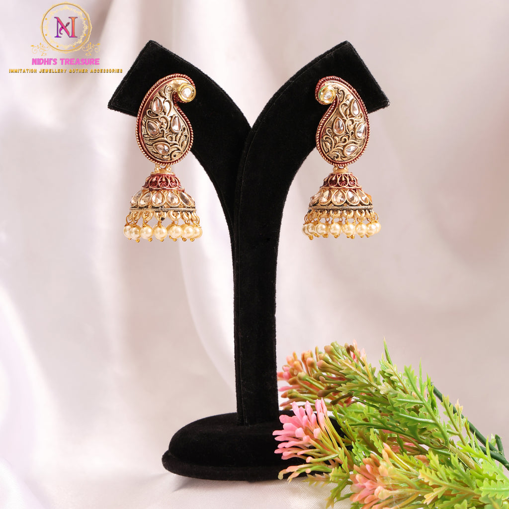 Antique Jhumki Earrings with Stone & Pearl Work | Golden Ethnic Design