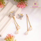 Butterfly AD Stud Earrings with Chain & Pearl Drop | Detachable Design