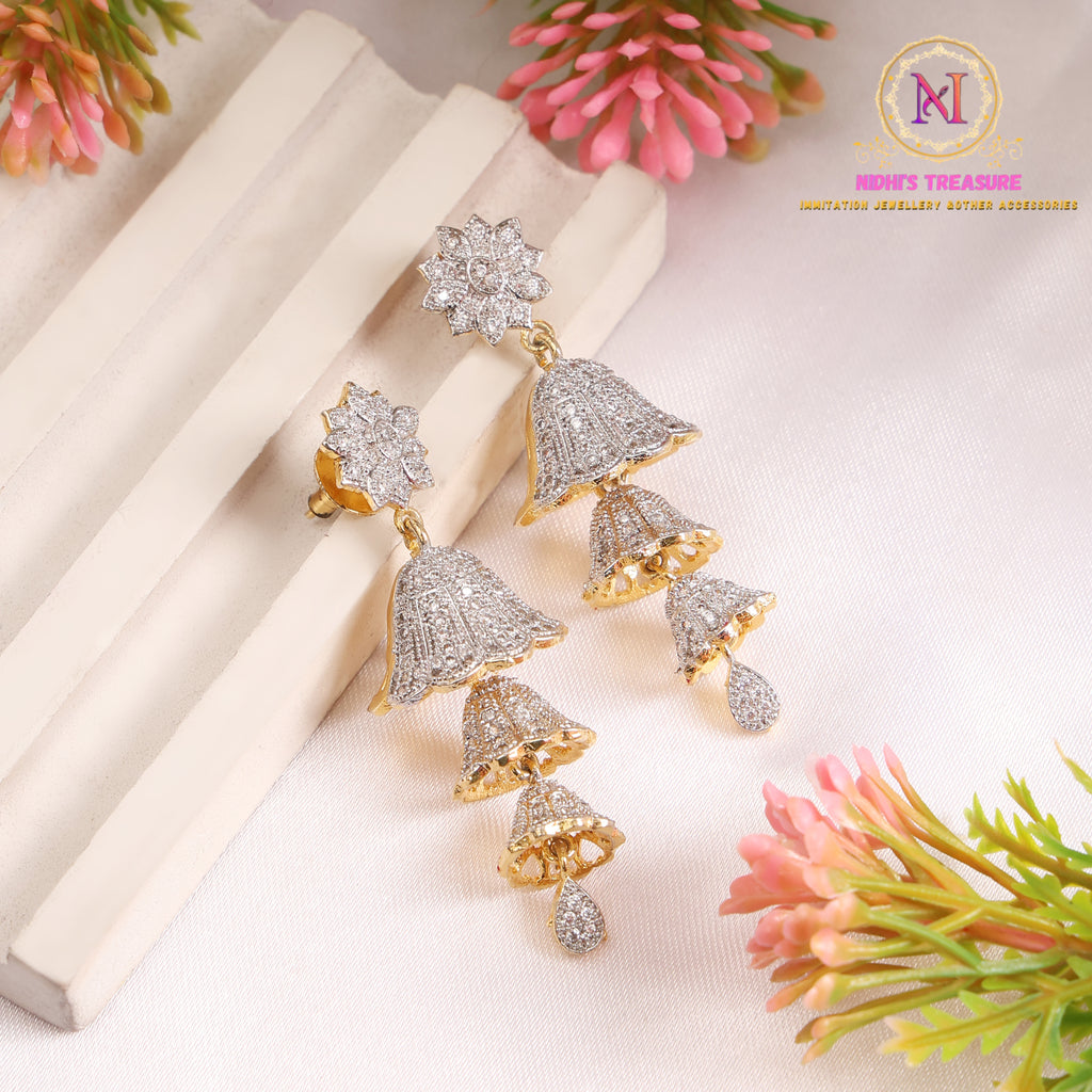 Floral AD Stud with Layered Jhumki Earrings | Golden Ethnic Design