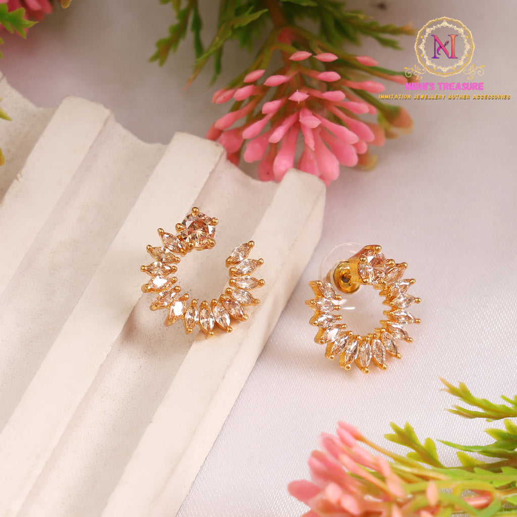 C-Shaped American Diamond Stud Earrings | Golden Minimal Design