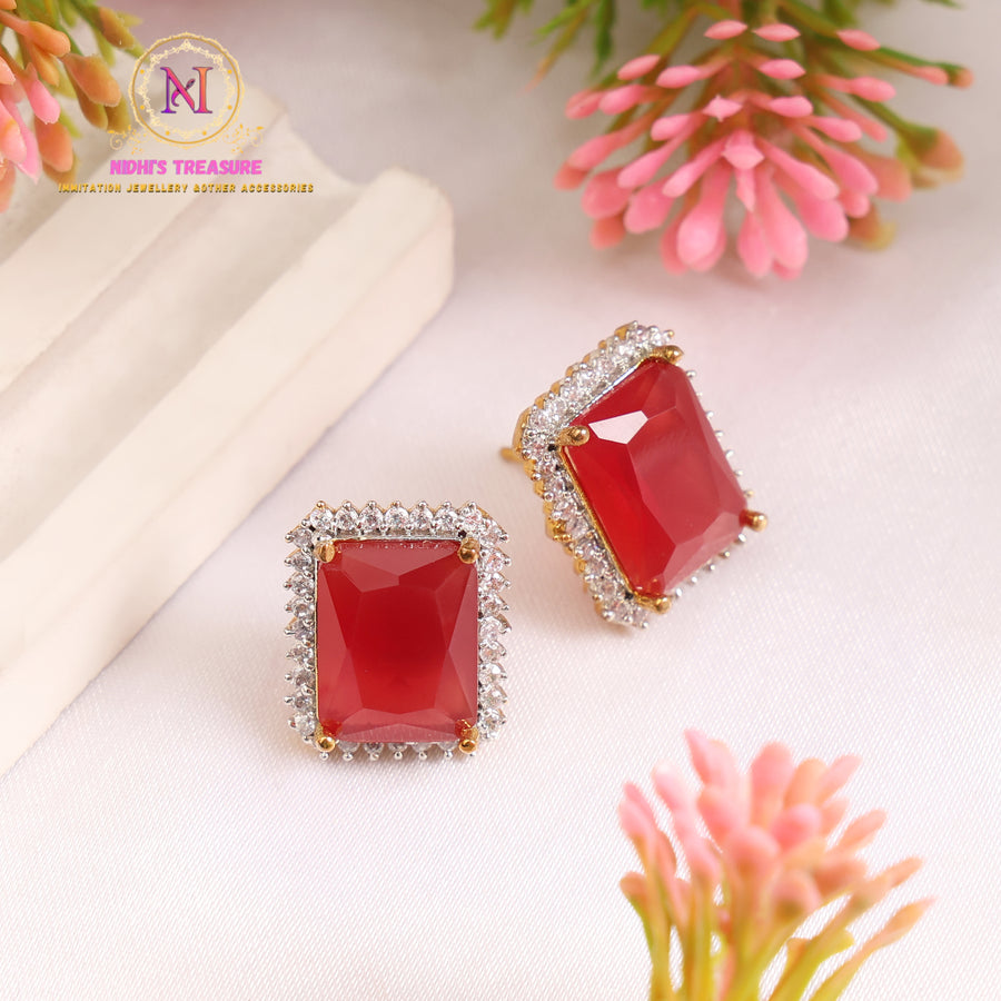 Red Rectangular American Diamond Stud Earrings | Elegant Designer Style