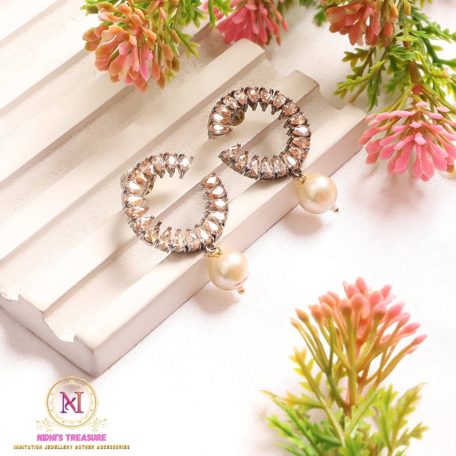 Dual Tone C-Shaped Earrings with Pearl Drop | Black Polish Designer Style