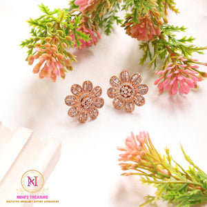 Rose Gold American Diamond Flower Stud Earrings | Elegant Minimal Design