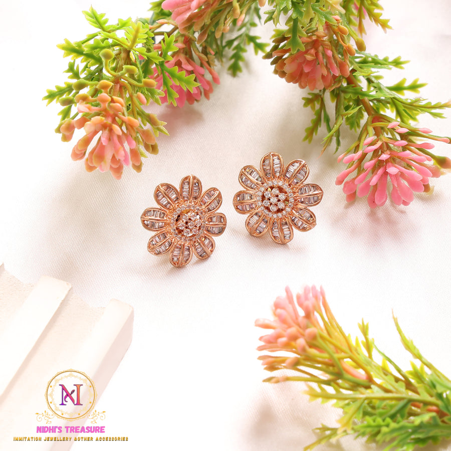 Rose Gold American Diamond Flower Stud Earrings | Elegant Minimal Design