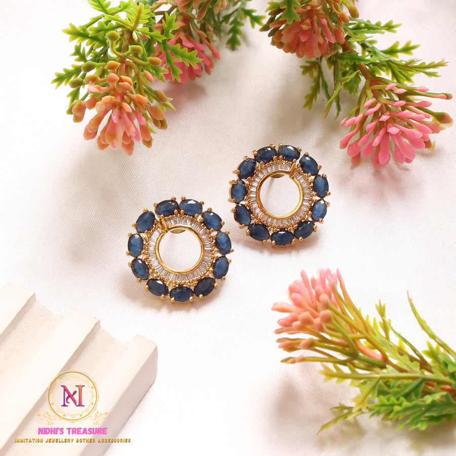 Navy Blue American Diamond Circular Stud Earrings | Golden Finish