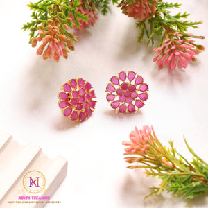 Pink Ruby Flower Stud Earrings | Golden Polish Designer Style