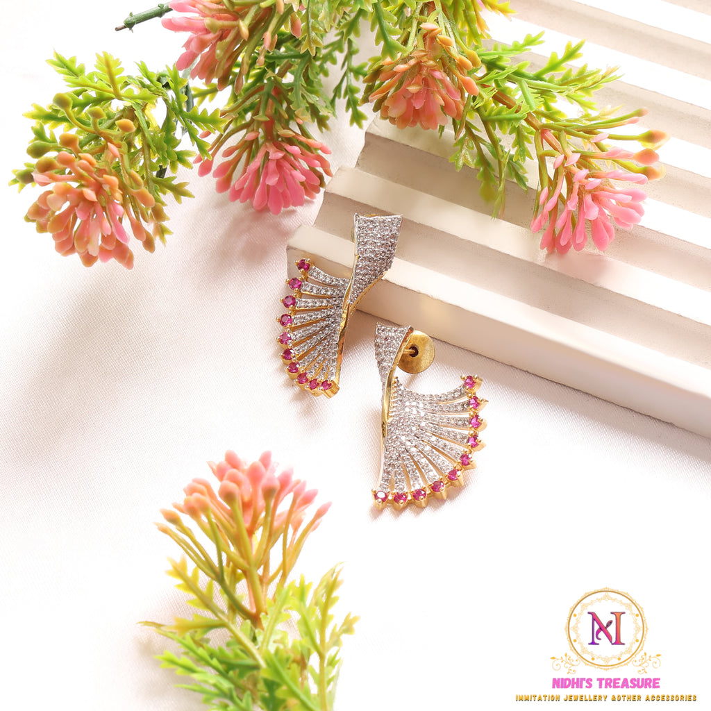 Pink American Diamond Designer Stud Earrings | Golden Finish