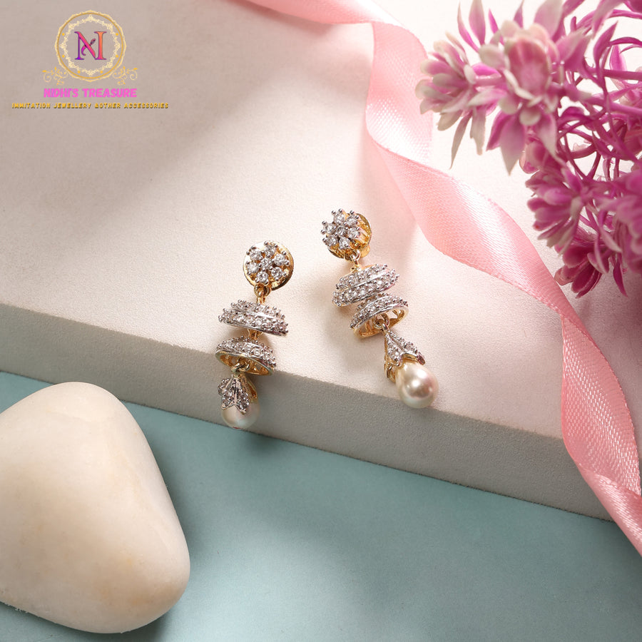 American Diamond Jhumki Earrings with Pearl Drop | Golden Ethnic Style