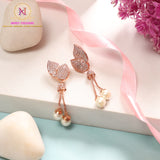 Rose Gold Leaf Pearl Drop Earrings | American Diamond Elegant Danglers