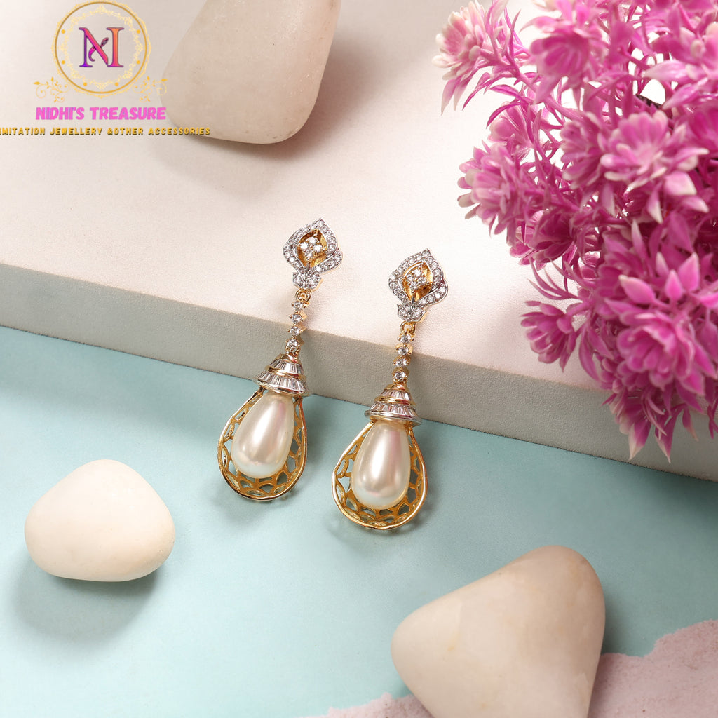 American Diamond Big Pearl Drop Earrings | Golden Finish Statement Danglers