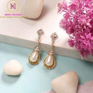 American Diamond Big Pearl Drop Earrings | Golden Finish Statement Danglers