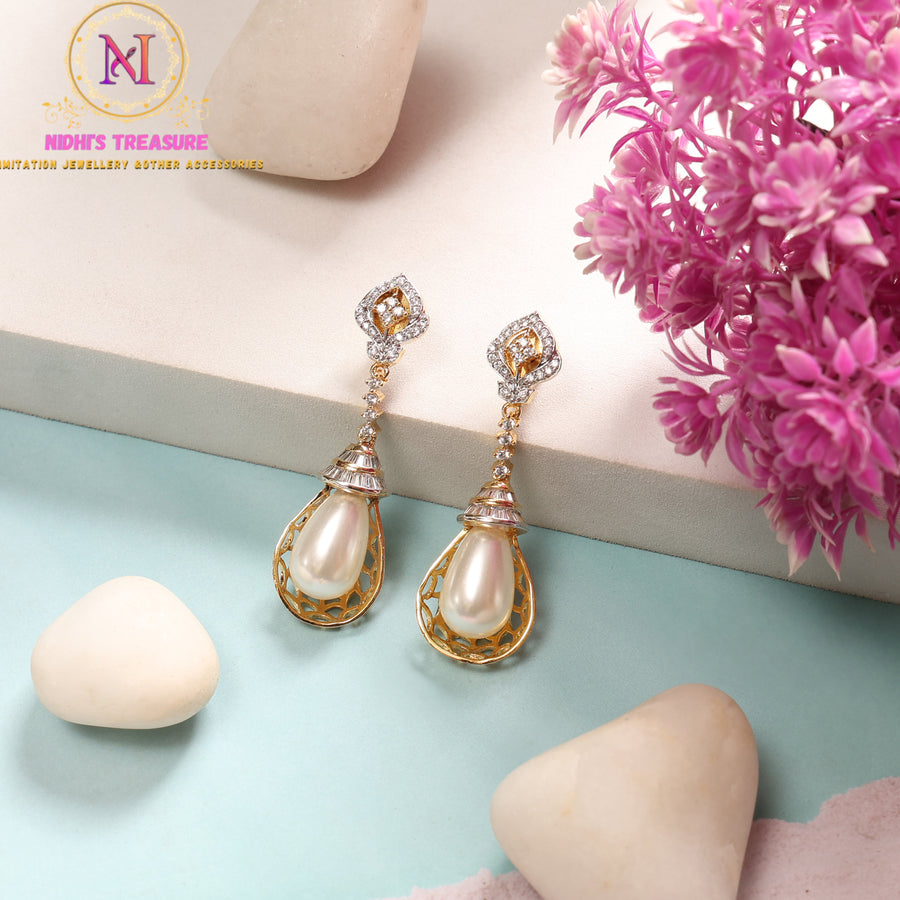 American Diamond Big Pearl Drop Earrings | Golden Finish Statement Danglers