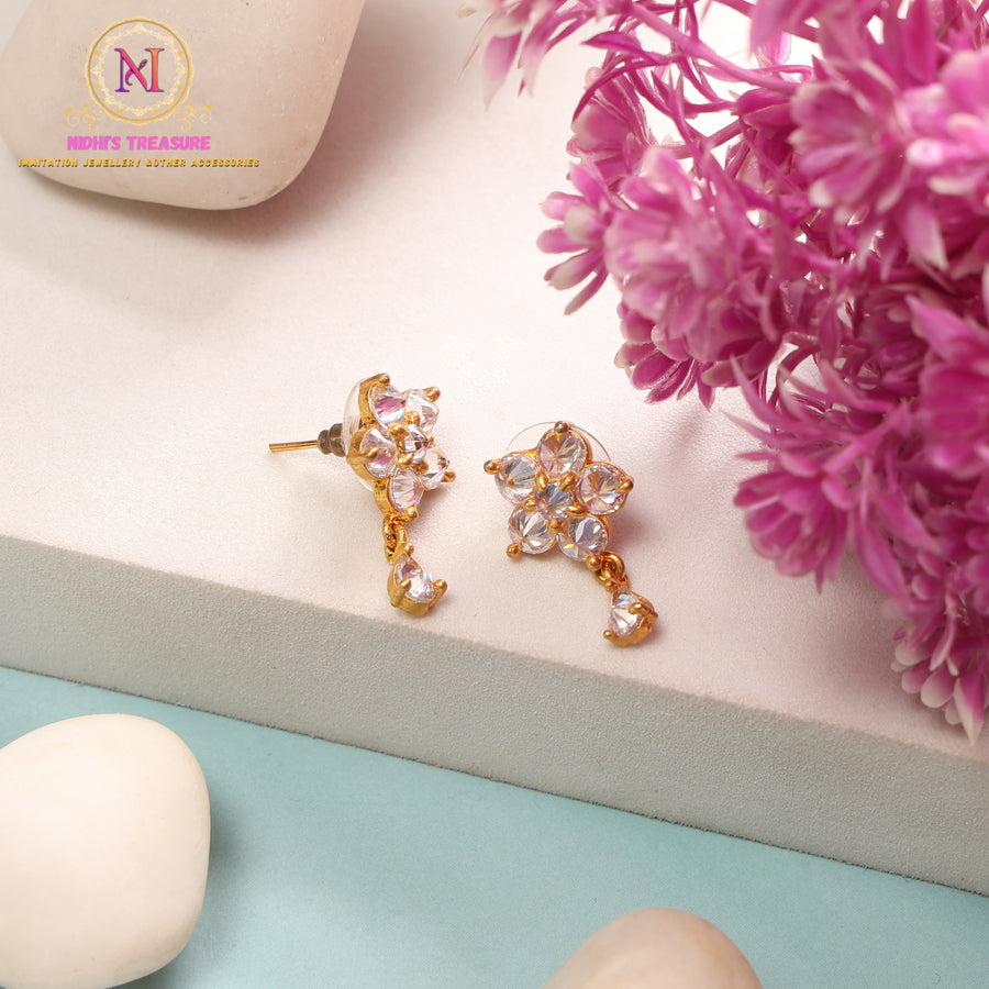 Golden Flower Stud Earrings | Stone Designer Minimal Style