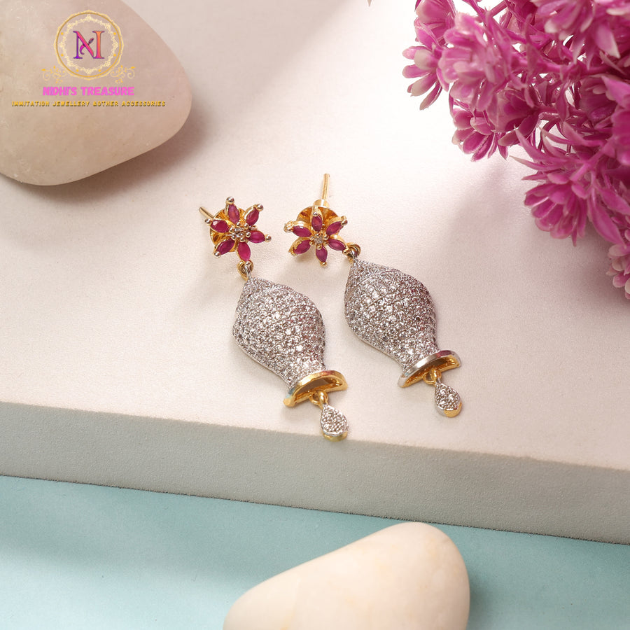 Ruby Floral American Diamond Earrings | Bloom Design Golden Finish